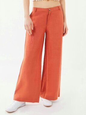 Urban Outfitters UO Ginny Linen Low-Rise Wide-Leg Ankle Pants Womens 2 Orange
